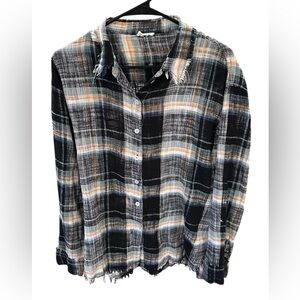 La Miel Black and Orange Plaid Button-Up Shirt- Large